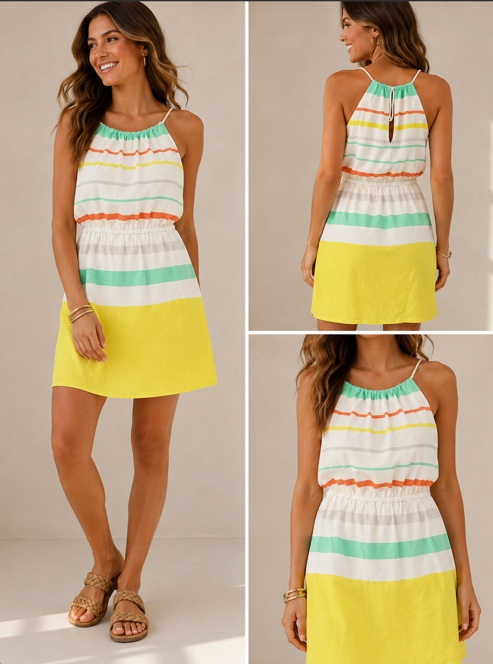 Gianni Bini Elle Striped Mini Dress Rope Spaghetti Straps Cinched Waist Sz Sm